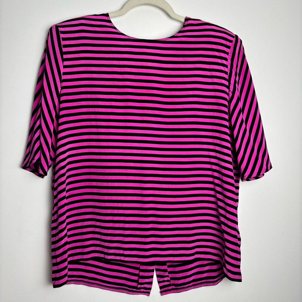 Vintage Silk Pink Black Striped Blouse Button Back Padded Shoulders size 14